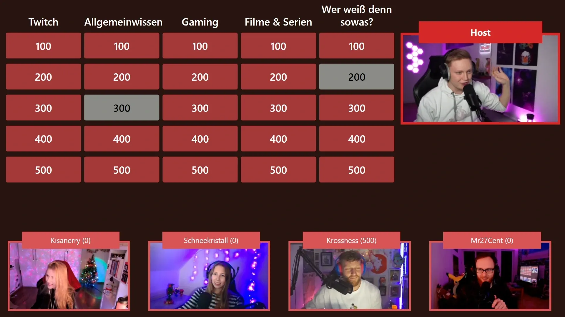 Invite up to 4 players, pick a question from 5 different categories, the first player that buzzers gets to answer the question.